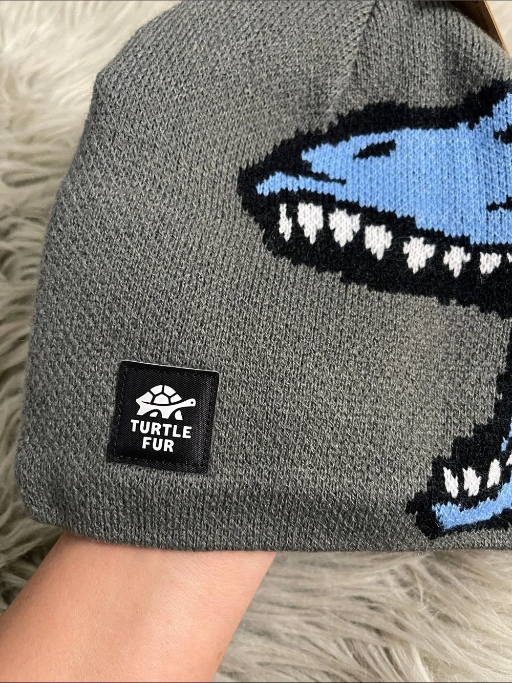Turtle Fur Kids Gray & Blue Dinosaur Knit Beanie
